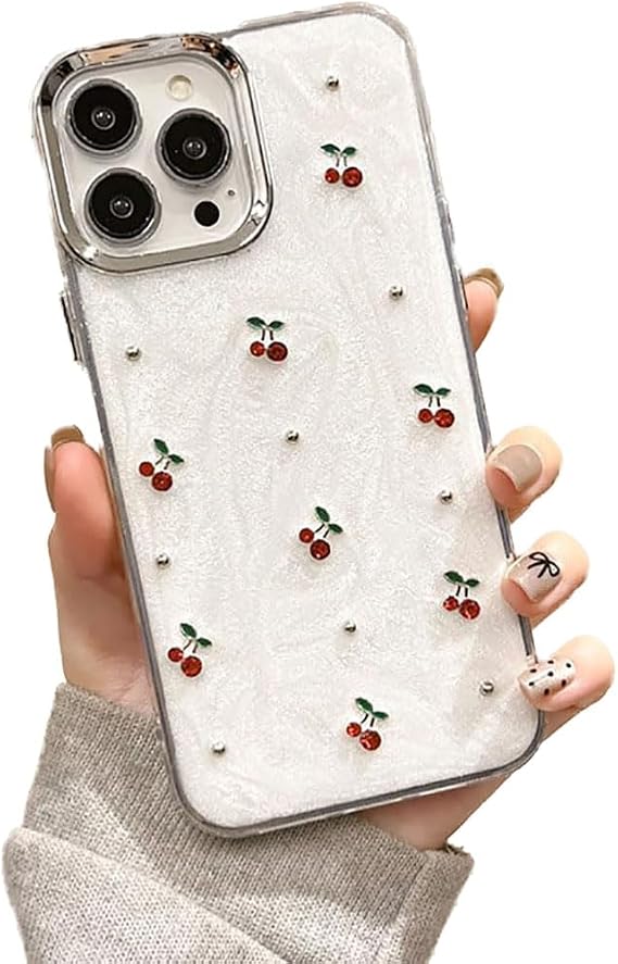 かわいいチェリーパターン きらめくパウダーフォンケース、隆起したカメラ保護 ソフト スリム TPU 耐衝撃保護電話カバー iPhone 16用 - クリア