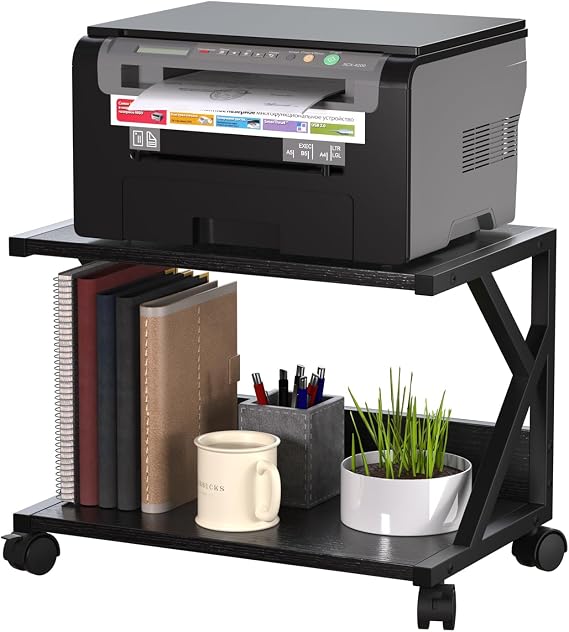 Huhote 2 Tier Desktop Printer Stand, Under Desk Printer Table, Multi-Purpose Desktop Storage and Organize, Wood Printer Stand with Wheels for A5 Folders Scanner Fax Machine Microwave Oven (Black)