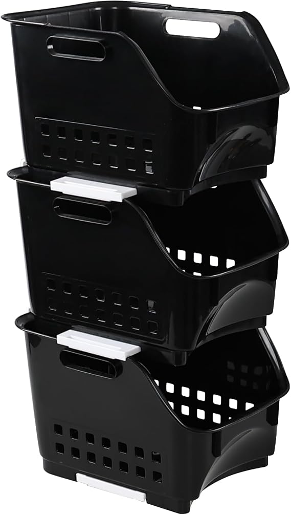 Stacking Baskets Storage Veg Rack Plastic Stackers, Pack of 3