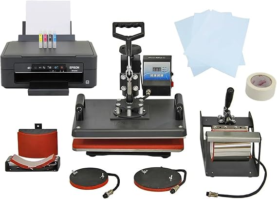 Heat Press Multi Function 5 in 1 Combo Machine & Printer Sublimation Transfer Bundle Kit T-Shirt Mug Cap Tee Plate Custom Design Print Personalise Customise