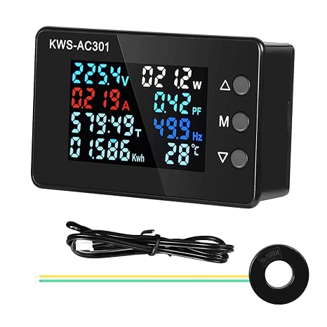 DEWIN Digital Electricity Meter, 8 in 1 Multimeter KWS-AC301 0-100A Voltmeter Ammeter Wattmeter Energy Meter 50-300V with Closed Type Transformer and Temperature Sensor