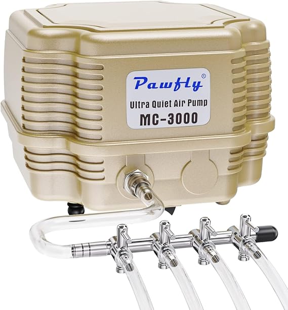 Pawfly Commercial Aquarium Air Pump 960 L/H Silent Adjustable Oxygen Aerator Pump with 4-Outlet Air Flow Splitter and Accessories for Fish Tanks Ponds and DWC Systems Up to 1000 L