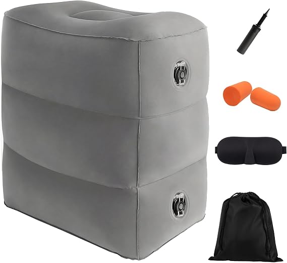 Inflatable Foot Rest, Airplane Footrest Cushion Kit for Kids & Adults, 3‑Layer Adjustable Height Leg Rest for Cars, Office, Home, Train Travel Essentials