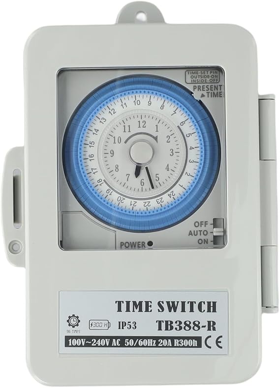 20A Mechanical Timer Switch, Waterproof 24-Hour Programmable, 100-250V AC for Outdoor Lighting Pumps
