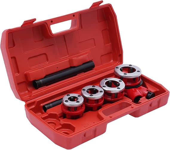 Pipe Threading Kit | BSPT Thread Cutting Steel Threader Plumbers Set Manual 4-Die Set 1/2" to 1-1/4" with Ratchet Widely Used for Steel Pipes Galvanized Pipes Iron Pipes