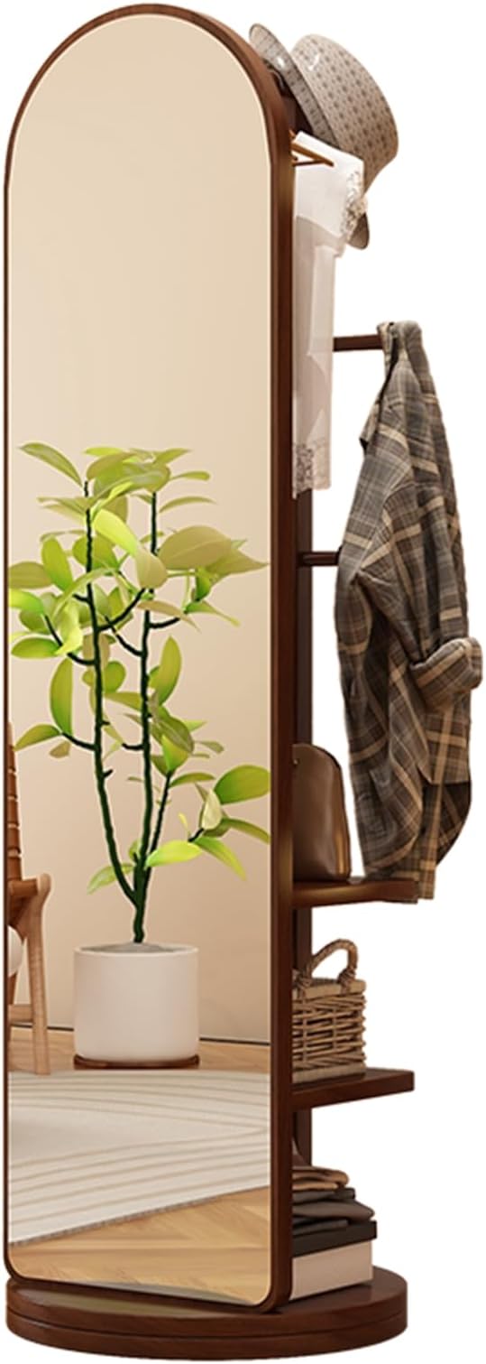 Rotating Full Length Mirror and Coat Rack Wood Floor Mirror with Hooks and Shelves Standing Dressing Mirror for Bedroom Living Room