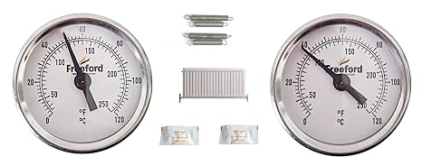 Pipe Thermometers Pair Improved Accuracy.- 63mm 0/120 C/F with Springs for both 15mm and 20mm+ Pipes and Thermal Paste. Ideal for Radiator Balancing