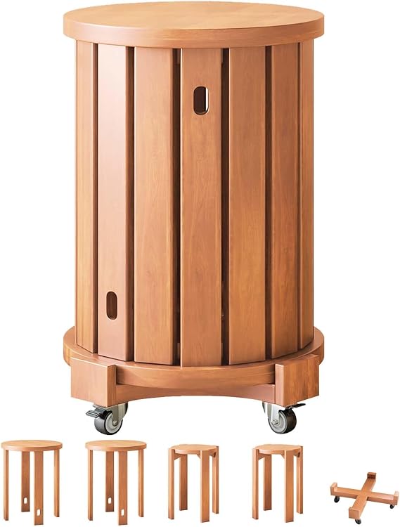 Wooden Stackable Stools Set Of 4 Round Nesting Tables With Wheel Side table Set For 4 In 1 Solid Wood Stool Coffee Table For Living Dining Room Small Space Black Walnut End Chair Stacking Stools(Cherr