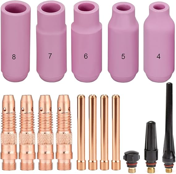 TIG Torch Consumables Accessories Kit for DB PTA SR WP-17/18/26 TIG Welding Torch. Include TIG Alumina Nozzles Ceramic Shield Cup/Back Cap/Collet Body (16Pcs)