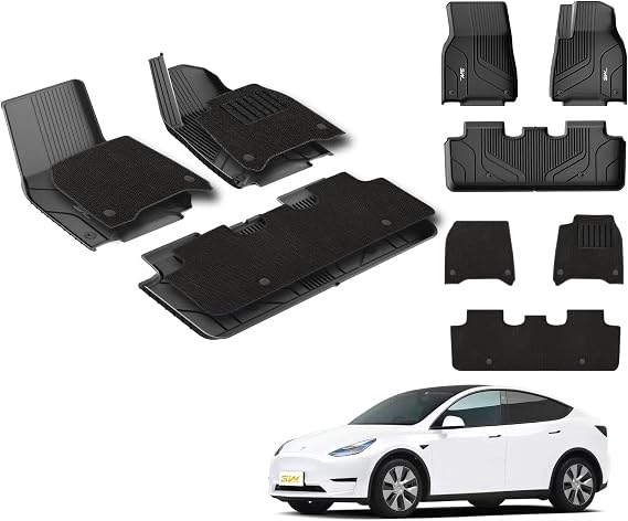 3W Floor Mats For Tesla Model Y 2021 2022 2023 2024 with Carpets on TOP, TPE Dog Friendly Mats, Custom Fit Tesla Model Y Car Liner, All Weather Waterproof Non Slip, Easy to Install Car Accessories