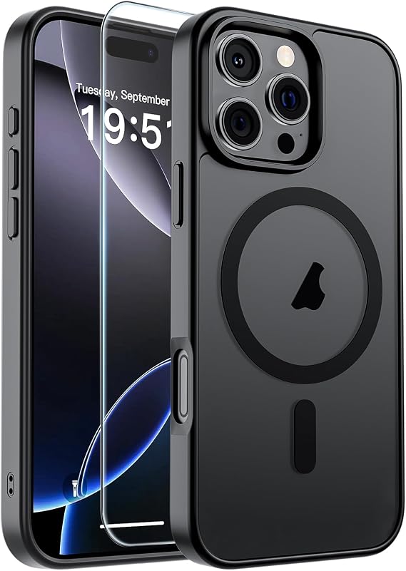 SUPFINE iPhone 16 Pro Max için Manyetik Kılıf [MagSafe ile Uyumlu] [10 FT Askeri Sınıf Düşme Koruması] İnce Şeffaf Mat Darbeye Dayanıklı Parmak İzi Önleyici Telefon Kılıfı, Siyah