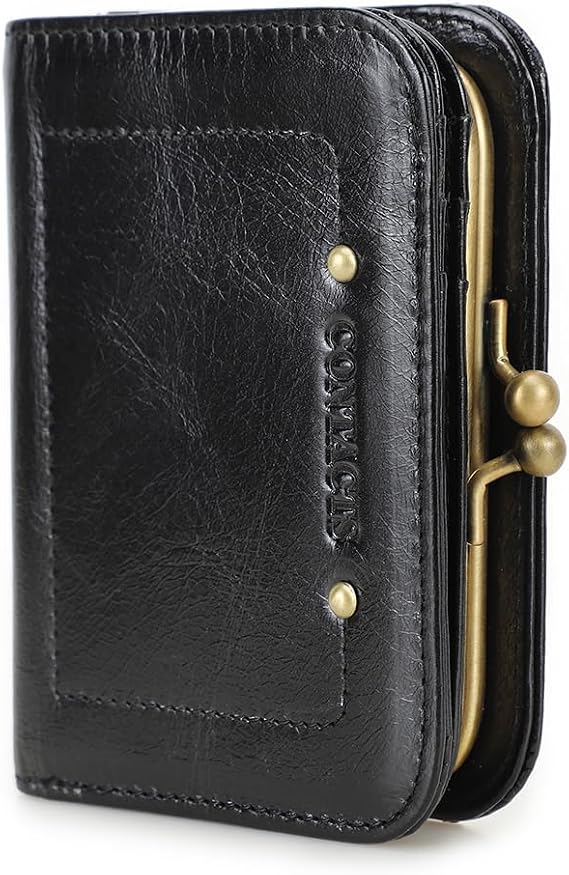 Contacts Womens RFID Blocking Wallet Kiss Lock Slim Coin Purse,Genuine Leather Ladies Compact Bifold Case Vintage 8 Credit Card Holder Small Clutch Black