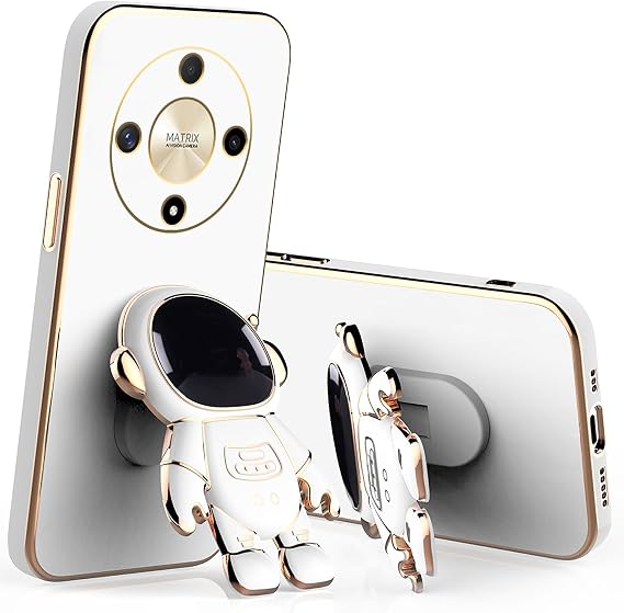 Honor Magic 6 Lite対応 ケース シリコン かわいいケース 宇宙飛行士スタンド付き 電話ケース Honor Magic 6 Lite スリムメッキ保護 耐衝撃カバーホワイト