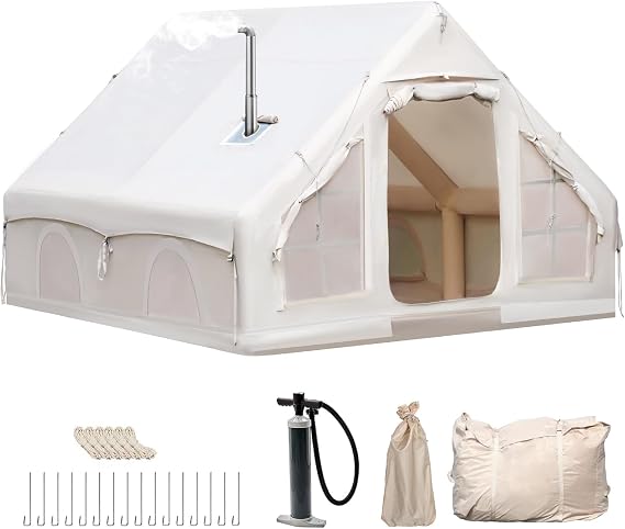 Outdoor Camping Quick setup Inflatable Tent with Pump, Family inflatableTent with Window and Door, Pop-UpTent with Storage Bag, 4 Season Waterproof Windproof Large Air (3 * 4M with chimney)