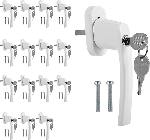 Lockable Aluminium Window Handle Safety Window Handle with Lock and Key Keyed Alike Child Lock for Windows Pin Length 35mm White (Pack of 20)