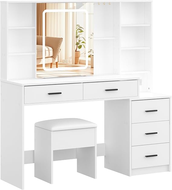 Panana Vanity Desk with Movable Mirror and Lights, Makeup Table Set with 5 Drawers, Makeup Desk with Charging Station & Storage Shelves, 3 Lighting Modes Adjustable Dressing Table with Stool (White)