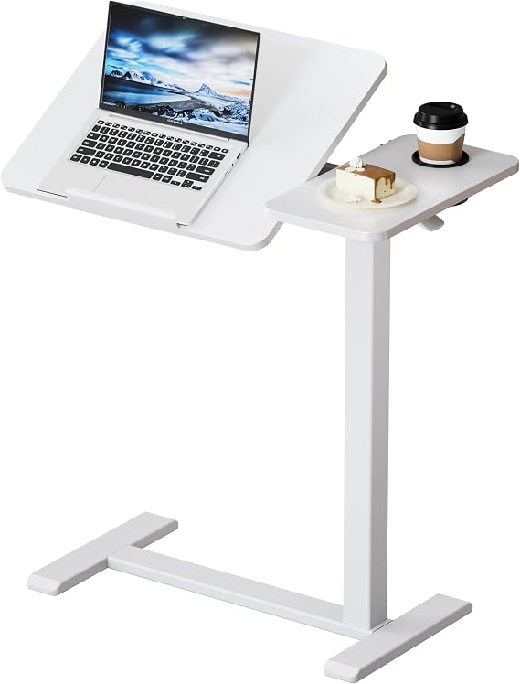 BZIUM Overbed Bedside Table with Hidden Wheels, Adjustable Medical Tilt Top Hospital Bed Table Over The Bed, Rolling Desk Mobile Standing Desk (70x40cm, White)