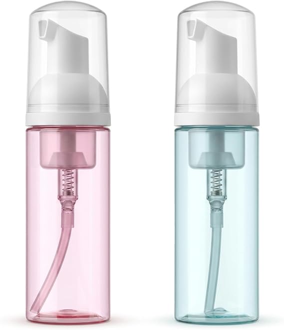 2 Pack Foam Pump Bottles 60ml Clear Plastic Travel Size Foaming Soap Dispensers Refillable Mini Containers for Mousse Shampoo Face Wash and Skincare