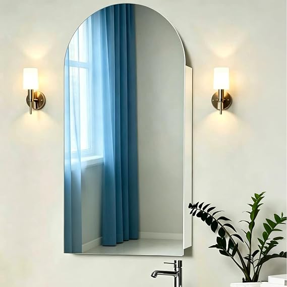 Bathroom Mirror Cabinet, Mirrored Bathroom Storage, Wooden Single Door Wall Mounted Cabinet with HD Arched Mirror, 80x40x15cm