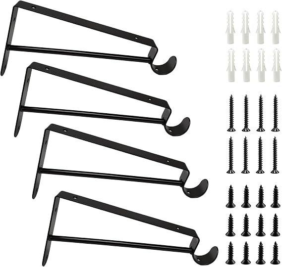 4 Pcs Black Shelf Brackets with Hook, 8" Curtain Pole Brackets, Triangle Closet Shelf Bracket with Poles Holder, Wall Mounted Right Angle Bracket for Home Bedroom Office Closet Pole Rod Supports