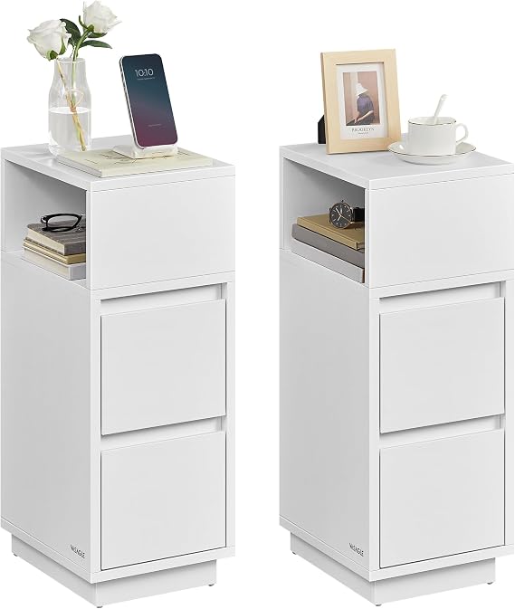 VASAGLE Slim Bedside Tables, Set of 2 Small Narrow Side End Tables with Drawers, Flexible Open Compartment, for Bedroom, Living Room, Cloud White KAILYN Collection LET856W01