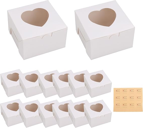 100 Pcs Small Cake Boxes, 4 Inch Small White Cake Boxes with Clear Window and Labels, Individual Cupcake Box Bakery Box for Cakes Portions Gift Candy Cookies Cupcake Dessert