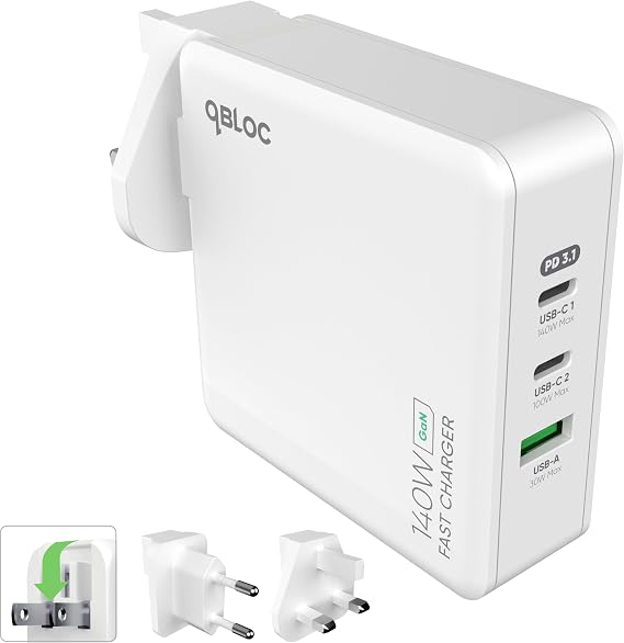 qBLOC 140W USB C 3-in-1 GAN Charger – Sleek iPhone Charger with Fast Charging USB C Plug and USB Plug UK, Ultra Compact and Durable, Travel Friendly Design with Universal Compatibility