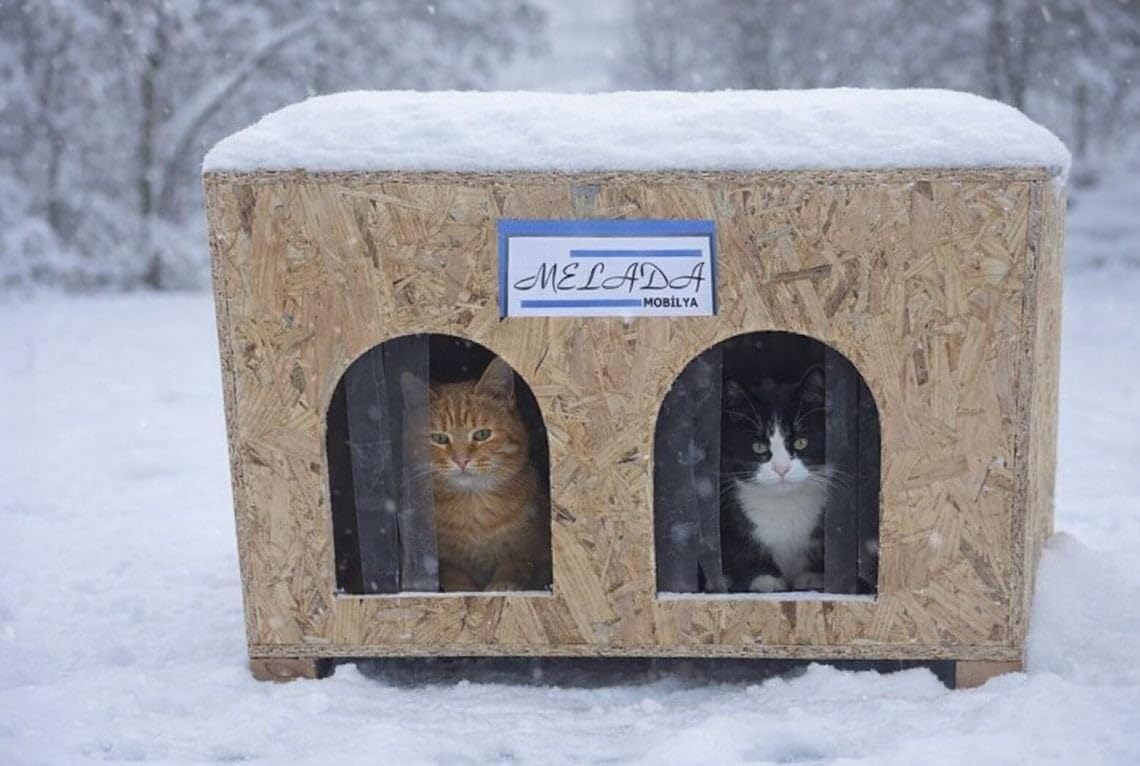 Melada Kedi Evi Dış Ortam Uygun Ahşap Kedi Evi Double OSB 61x41x36 cm (Demonte)