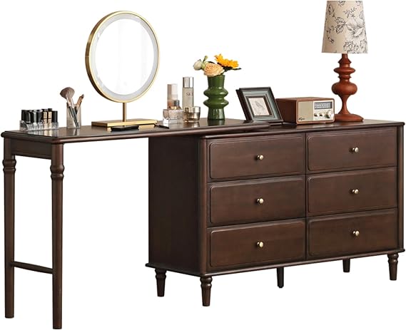 Solid Vintage L-Shape Dressing Table with 6 Drawers, Corner Makeup Vanity