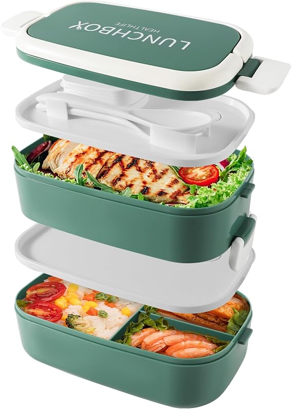 Stackable Bento Lunch Box, 1400 ml Containers with 4 Compartments and Cutlery, 2 Layer Leakproof Boxes, for Adults Children Office, Microwave Dishwasher Safe (Green)
