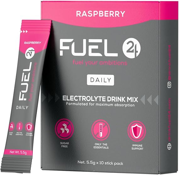 Fuel24 Electrolytes - Daily Hydration Sachets, Zero Sugar, Electrolyte Powder (10 or 30 Pack) Essential Minerals - Sodium, Magnesium, Potassium, Vitamin C B12 & L Glutamine (10 Pack, Raspberry)