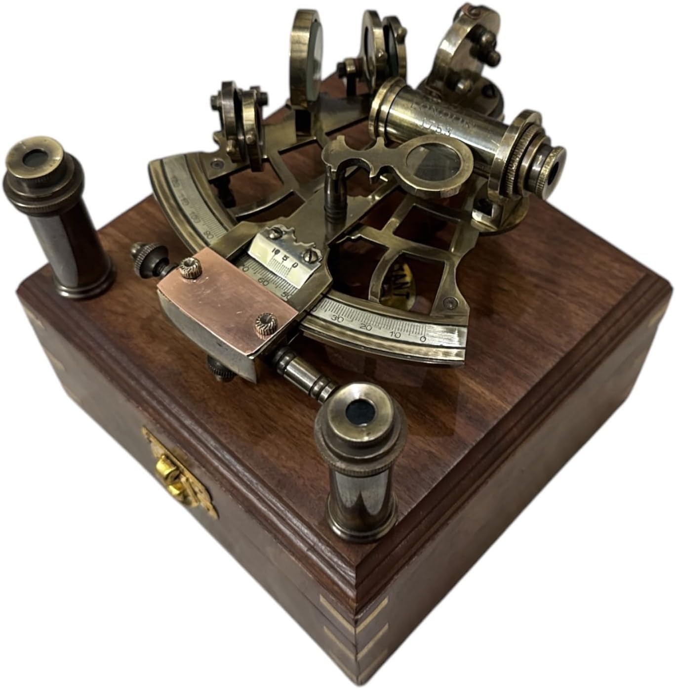 Brass Nautical Sextant Vintage Antique Astrolabe Ship Navigation Instrument Top & Nautical Sextant 2 Spare Sighting TelescopeAstrolabe Ship History Sextant Tool with Wooden Box