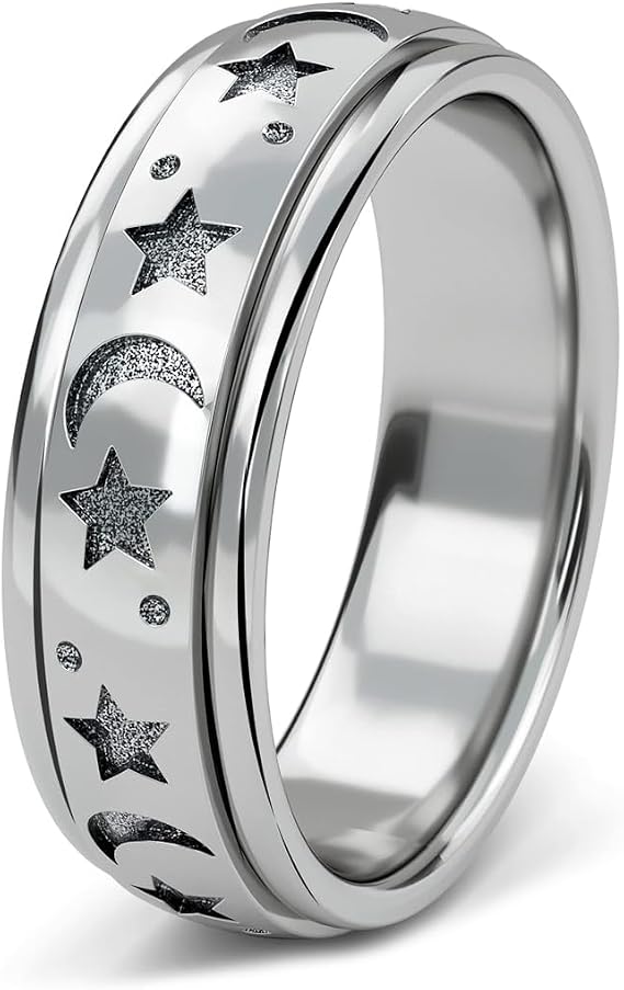Fidget Ring - Plated Silver Anxiety Rings for Women, Rotating Star Moon Stainless Steel Hollowed Out Decompression Ring,Stylish Fidget Jewelry for Daily,Work,Social Wear,Size 7(Silver)
