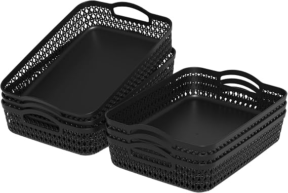 6-Pack Large Plastic Shallow Storage Basket Tray, Desktop Rectangular Plastic A4 Storage Basket, Black