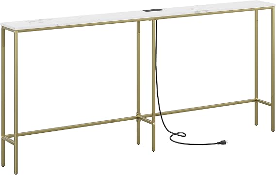 Masupu 70.9 Inch Console Table with Power Outlet,Modern Narrow Long Sofa Table Behind Couch,Skinny Entry Table with Gold Metal Frame for Entryway,Living Room, Hallway,Marble White
