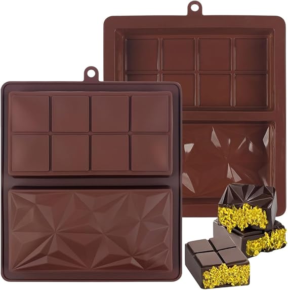 Pack of 2 Deep Reusable Silicone Chocolate Moulds Non-Stick Coating - Removable Chocolate Bar Moulds for Fillings Baking Ice Cubes & DIY (Double Pattern Cavity)
