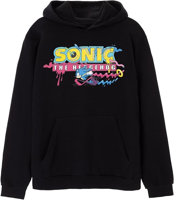 Sonic The Hedgehog Mens Hoodie | Black Logo Graphic Hooded Sweatshirt For Adults | Relaxed Fit Classic 90s Gaming Apparel | Warm & Nostalgic Hoody Apparel Gift for Him