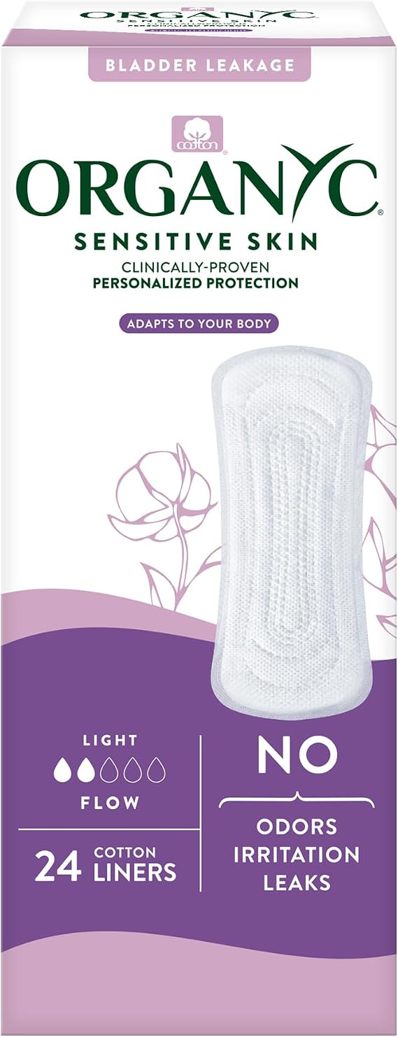 Organyc 100% Organic Cotton Inside and Out Light Incontinence Liners for Bladder Leakage Control, FSA/HSA Eligible, Ultra Thin, Light Flow, 24 Count