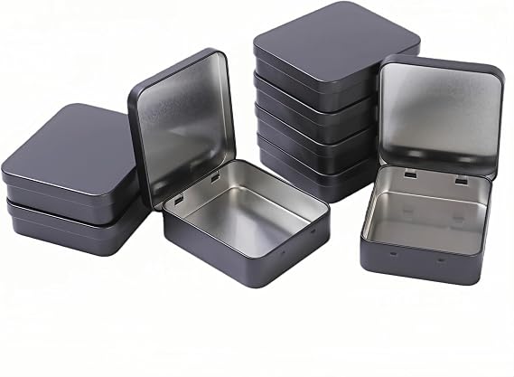LJY Black Keepsake Tins with Hinged Lids, 8 Pack, 93 x 83 x 25 mm