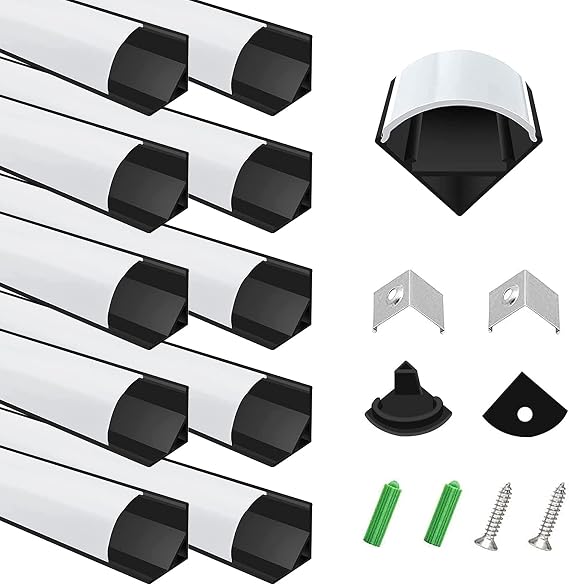 inShareplus LED Aluminum Channel System, 3.3ft/1 Meter, 10 Pack, Black, V Shape with Milk White Cover, End Caps and Mounting Clips, Aluminum Profile for LED Strip Light Installations [Energy Class A+]