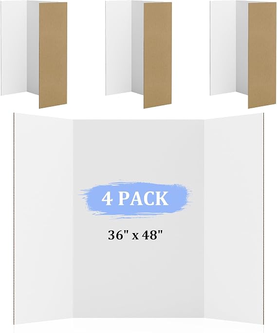 AKONEGE 4 Pack Tri-Fold Presentation Boards 122 x 91 cm Large Display Board, Lightweight & Foldable Posterboard for Showcasing Artwork, Science Fair, School Projects, Exhibitions