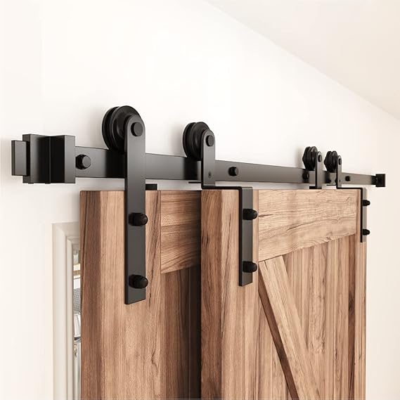WINSOON 183cm Single Track Bypass Sliding Door Track Double Door Kit | Heavy Duty Barn Sliding Door Closet Kit, Frosted Black Carbon Steel I Shape Hanger, Fit Double 91.5cm Wide Door