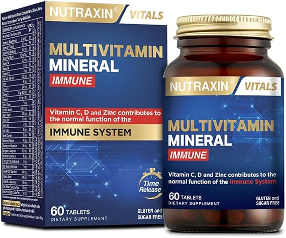 Nutraxin Multivitamin & Mineral Immune | 12 Vitamin + 8 Mineral | Bağışıklık Sistemi ve Enerji Desteği | Şeker ve Gluten İçermez | 60 Tablet