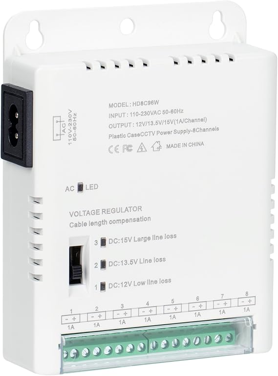 8 Channel CCTV Camera Power Supply Distribution Power Supply 90V-264VAC Input to 12V-13.8-15VDC Output Security Camera Power Adapter with PTC Fuse (HD8C96W)