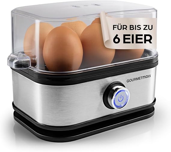 Gourmetmaxx Egg Cooker for 6 Eggs Egg Boiler with Egg Cutter in Measuring Cup Egg Cooker with 3 Hardness Levels Suitable for Every Egg Cup Design Egg Cooker Stainless Steel Dishwasher Safe Parts