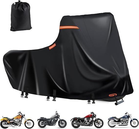 Motorcycle Cover Waterproof Outdoor,600D Heavy Duty Oxford Motorbike Cover,Nano Silver Inner,5 Reflective Strips,2 Air Vents,for Yamaha,Honda,Rain Proof(3XL 109"X44"X56"Black)