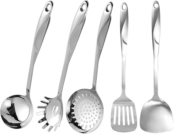 IMEEA Kitchen Tool Set, Cookware Set, 5-Piece Set, Stainless Steel, Turner, Pasta Server, Ladle, Dishwasher Safe