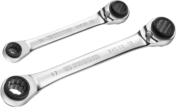 FACOM 4-in-1 Ratcheting Wrench Set, 2 pcs, 8–19 mm, 72T Reversible, 64C.J2PB
