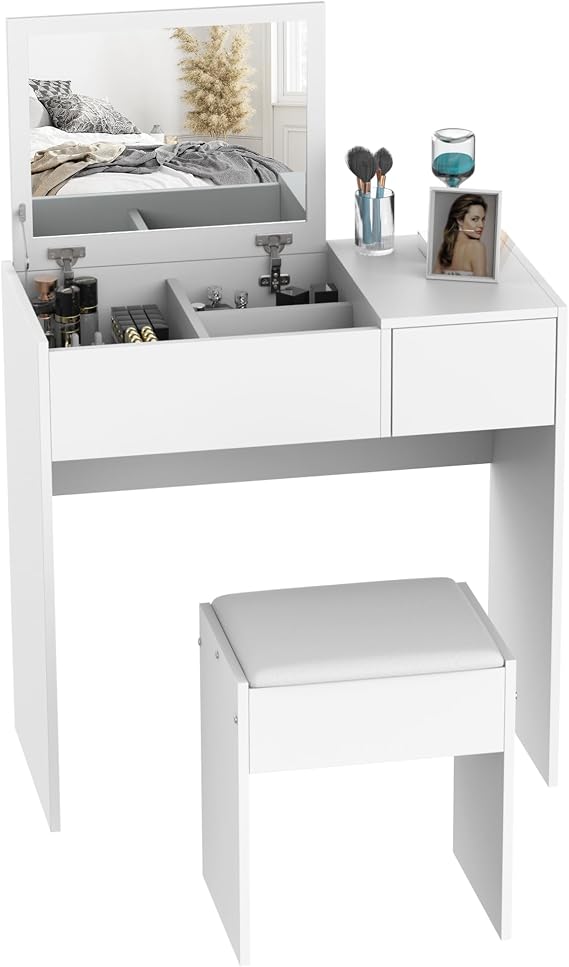 HOMCOM Dressing Table Vanity Desk, Flip-Up Mirror, Cushioned Stool, White