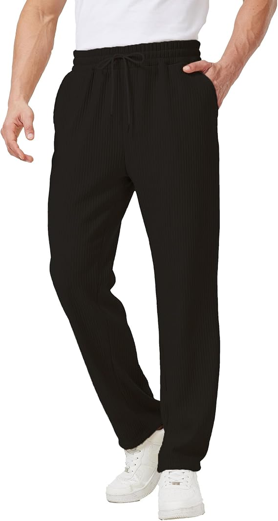 Men's Casual Pants Lightweight Stretch Loose Fit Ribbed Jacquard Knit Textured Drawstring Pants with Pockets